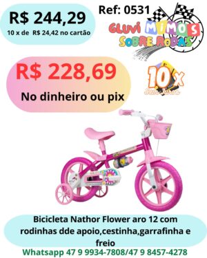 Bicicleta  Nathor Flower Aro 12  C/ Rodinhas de apoio, cestinha, garrafinha e freio