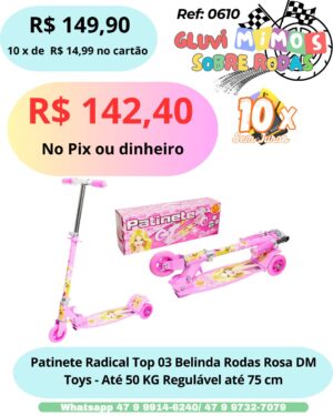 Patinete Radical Top 03 Rodas Rosa DM  DM Toys -  Até 50 Kg  Regulável Até 75 CM