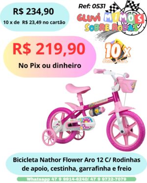 Bicicleta  Nathor Flower Aro 12  C/ Rodinhas de apoio, cestinha, garrafinha e freio