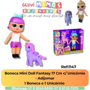 Boneca Mini Doll Fantasy 17 Cm c/ Unicórnio - Adijomar 1 Boneca e 1 Unicórnio