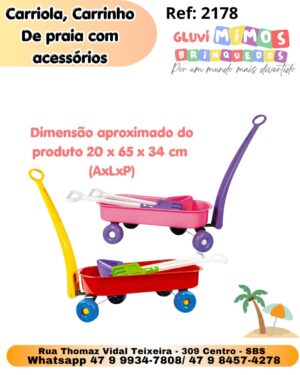 Carriola, Carrinho de puxar para praia areia com pá e rastel roza ou vermelho