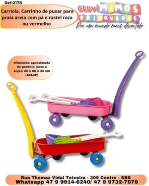 Carriola, Carrinho de puxar para praia areia com pá e rastel roza ou vermelho