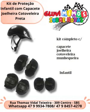 Kit de Proteção Infantil com Capacete Joelheira Cotoveleira Preta