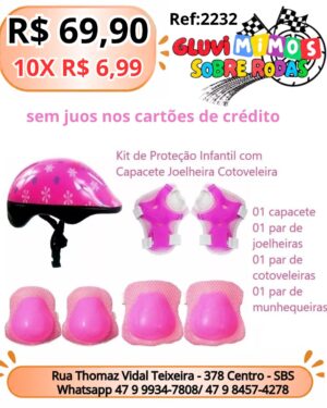 Kit de Proteção Infantil com Capacete Joelheira Cotoveleira Rosa