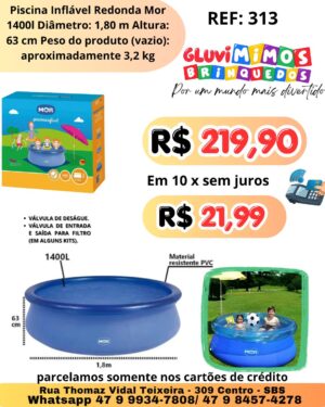 Piscina Inflável Redonda Mor 1400l Diâmetro: 1,80 m Altura: 63 cm Peso do produto (vazio): aproximadamente 3,2 kg