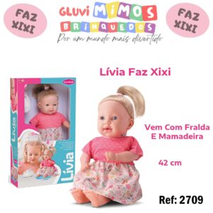 Boneca faz xixi livia c/ fralda e mamadeira - bambola 42 Centímetros