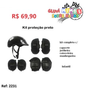Kit de Proteção Infantil com Capacete Joelheira Cotoveleira Preta