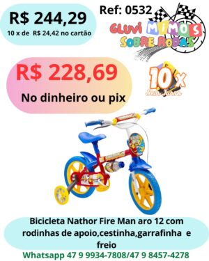 Bicicleta Infantil Aro 12 Fire Man - Nathor, Banco regulável, rodinhas de apoio, garrafinha e freio