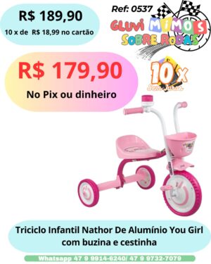 Triciclo Infantil Nathor De Alumínio You Girl com buzina e cestinha