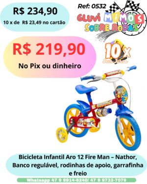 Bicicleta Infantil Aro 12 Fire Man - Nathor, Banco regulável, rodinhas de apoio, garrafinha e freio