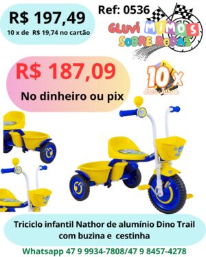 Triciclo infantil Nathor de alumínio Dino Trail com buzina e  cestinha