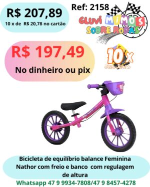 Bicicleta De Equilíbrio Balance Feminina Nathor Com Freio e Banco com regulagem de altura