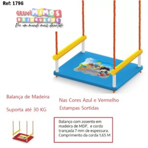 Balanço de Madeira Junges Azul e Vermelho - Corda 1,65 m
