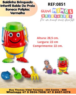 Baldinho Brinquedo Infantil Balde De Praia Boneco Poliplac Vermelho