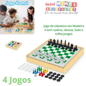 Jogo de tabuleiro em Madeira 4 em1 xadrez, damas, ludo e trilha Junges