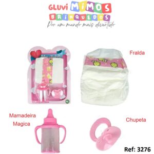 Kit Mamadeira Magica Chupeta E Fralda P/ Boneca Bebe Menina - ARK TOYS