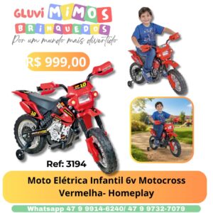Moto Elétrica Infantil 6v Motocross Vermelha- Homeplay