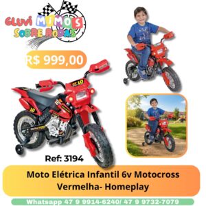 Moto Elétrica Infantil 6v Motocross Vermelha- Homeplay