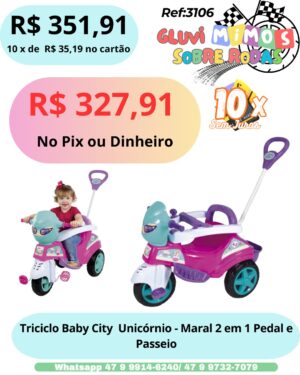 Triciclo Infantil Baby City Menina com Empurrador - Maral