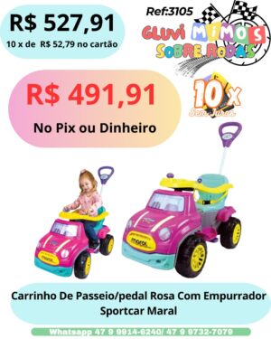 Carrinho De Passeio/pedal Rosa Com Empurrador Sportcar Maral