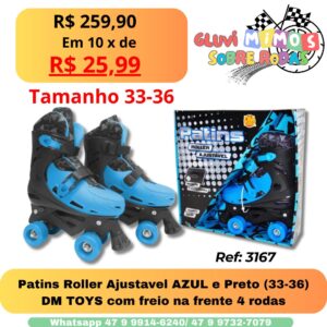 Patins Roller Ajustavel AZUL e Preto (33-36) DM TOYS