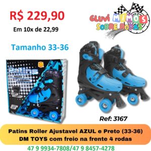 Patins Roller Ajustavel AZUL e Preto (33-36) DM TOYS