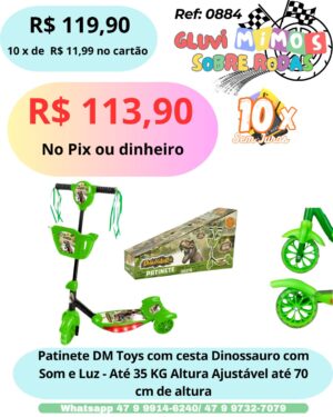 Patinete DM Toys com cesta Dinossauro Com Som e Luz - Até 35 KG Altura Ajustável até 70 cm de altura