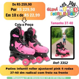 Patins infantil roller ajustavel pink 4 rodas 37-40 dm radical
