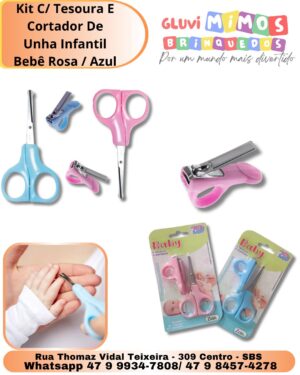 Kit C/ Tesoura E Cortador De Unha Infantil Bebê Rosa / Azul