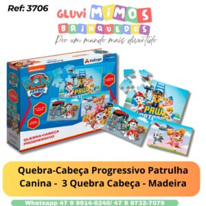Quebra-Cabeça Progressivo Patrulha Canina -  3 Quebra Cabeça - Madeira
