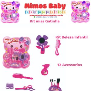 KIT BELEZA INFANTIL COM ESPELHO + ESCOVA E ACESSORIOS MISS GATINHA 12 PECAS