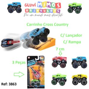 Carrinho Cross Country Lançador C/ Rampa - 3 Peças - 7 cm