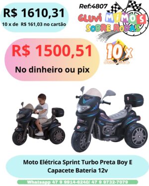 Moto Elétrica Sprint Turbo Preta Boy E Capacete Bateria 12v