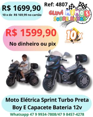 Moto Elétrica Sprint Turbo Preta Boy E Capacete Bateria 12v