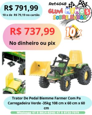 Trator De Pedal Biemme Farmer Com Pa Carregadeira Verde -35kg 108 cm x 60 cm x 60 cm