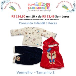 Conjunto Infantil 3 Peças - Vermelho  - Tamanho 2 Ursinho de Boné