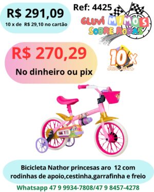 Bicicleta  Nathor Princesas Aro 12  C/ Rodinhas de apoio, cestinha, garrafinha e freio