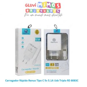Carregador Rápido Renux Tipo C 5v 5.1A Usb Triplo RE-8083C