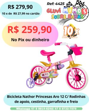 Bicicleta  Nathor Princesas Aro 12  C/ Rodinhas de apoio, cestinha, garrafinha e freio
