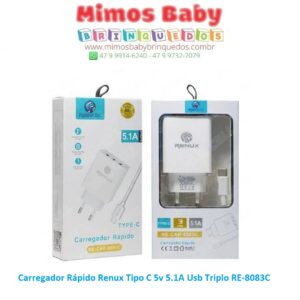 Carregador Rápido Renux Tipo C 5v 5.1A Usb Triplo RE-8083C