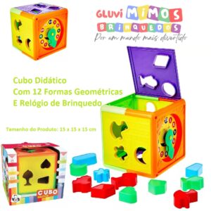 Cubo Didático - Com 12 Formas Geométricas c/ Relógio  Tam: 15 x 15 x 15 cm