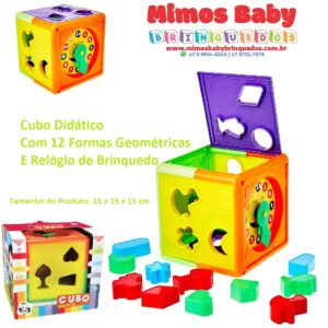 Cubo Didático - Com 12 Formas Geométricas c/ Relógio  Tam: 15 x 15 x 15 cm