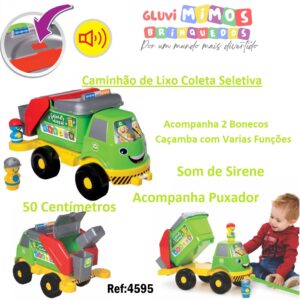 Caminhão de Lixo Coleta Seletiva com Som de Sirene + 2 Bonecos -50 Centímetros