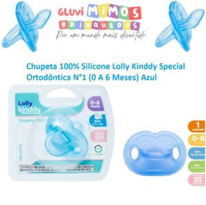 Chupeta 100% Silicone Lolly Kinddy Special Ortodôntica N°1 (0 A 6 Meses) Azul