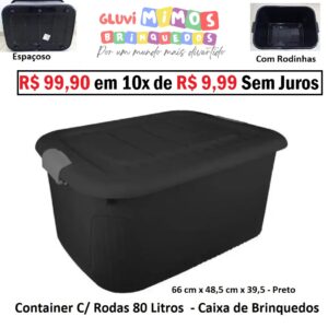 Container C/ Rodas 80 Litros - Plasnorthon - Caixa de Brinquedos - 66 cm x 48,5 cm x 39,5 - Preto