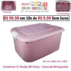 Container C/ Rodas 80 Litros - Plasnorthon - Caixa de Brinquedos - 66 cm x 48,5 cm x 39,5