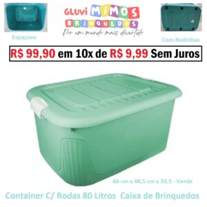 Container C/ Rodas 80 Litros - Plasnorthon - Caixa de Brinquedos - 66 cm x 48,5 cm x 39,5 - Verde