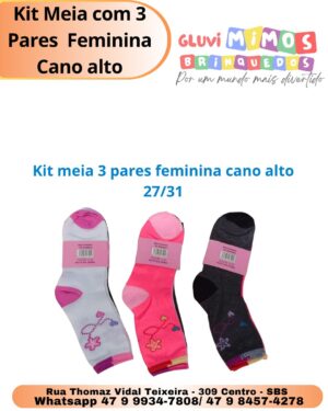 Kit Meia com 3 Pares  Feminina Cano alto