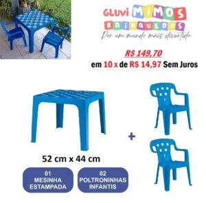 Kit Uma Mesa Azul Estampada Estampado Azul 2 Cadeiras - 52 cm x 44 cm