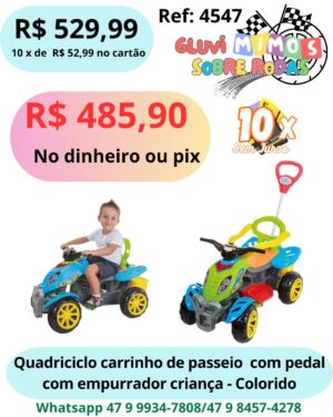 Quadriciclo Carrinho De Passeio/Pedal Com Empurrador Criança - Colorido - Maral